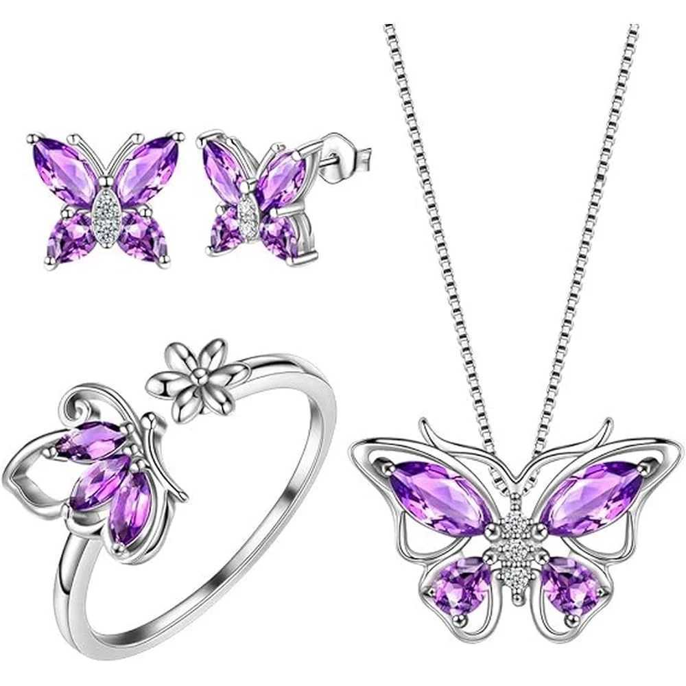 Butterfly Birth Stone Pendant Necklace/Earrings/Rings Wedding Anniversary Gift Jewelry Set X241116