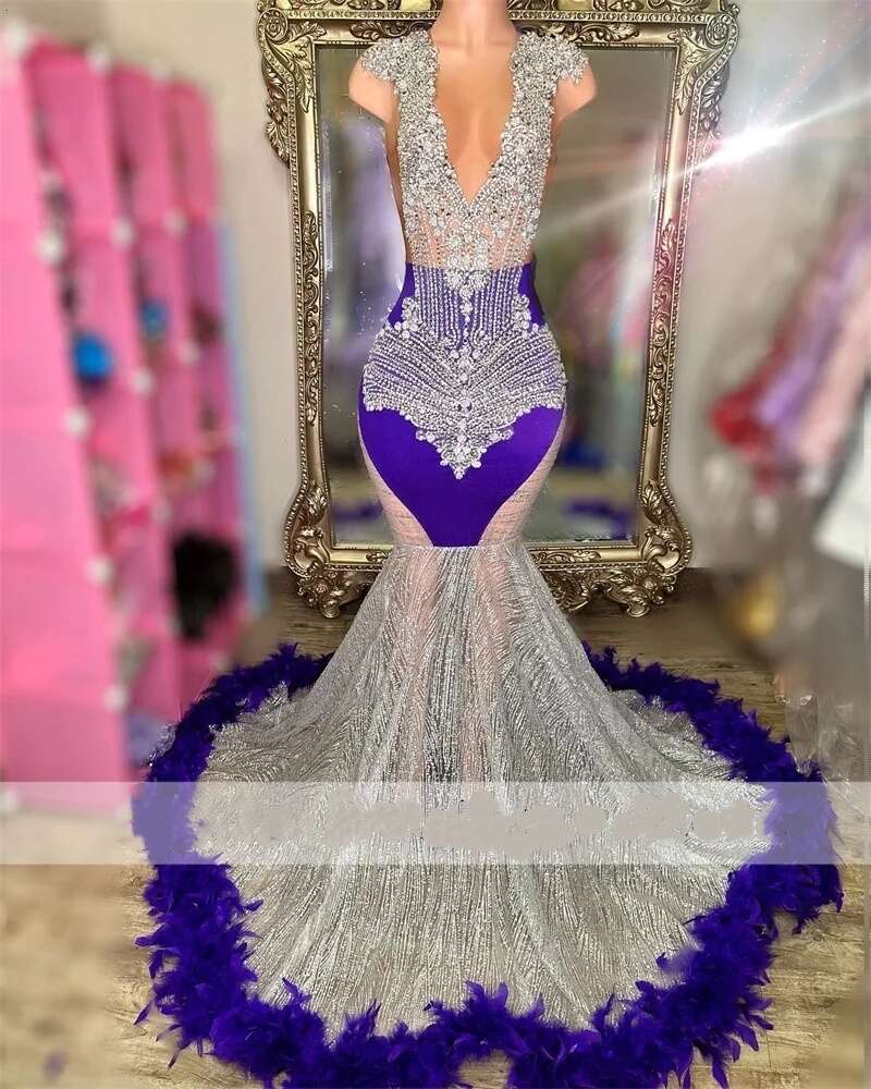 Long Gorgeous Purple Prom Dresses Sparkly Crystals Rhies Beads Feathers Gown For Black Girls Birthday Party