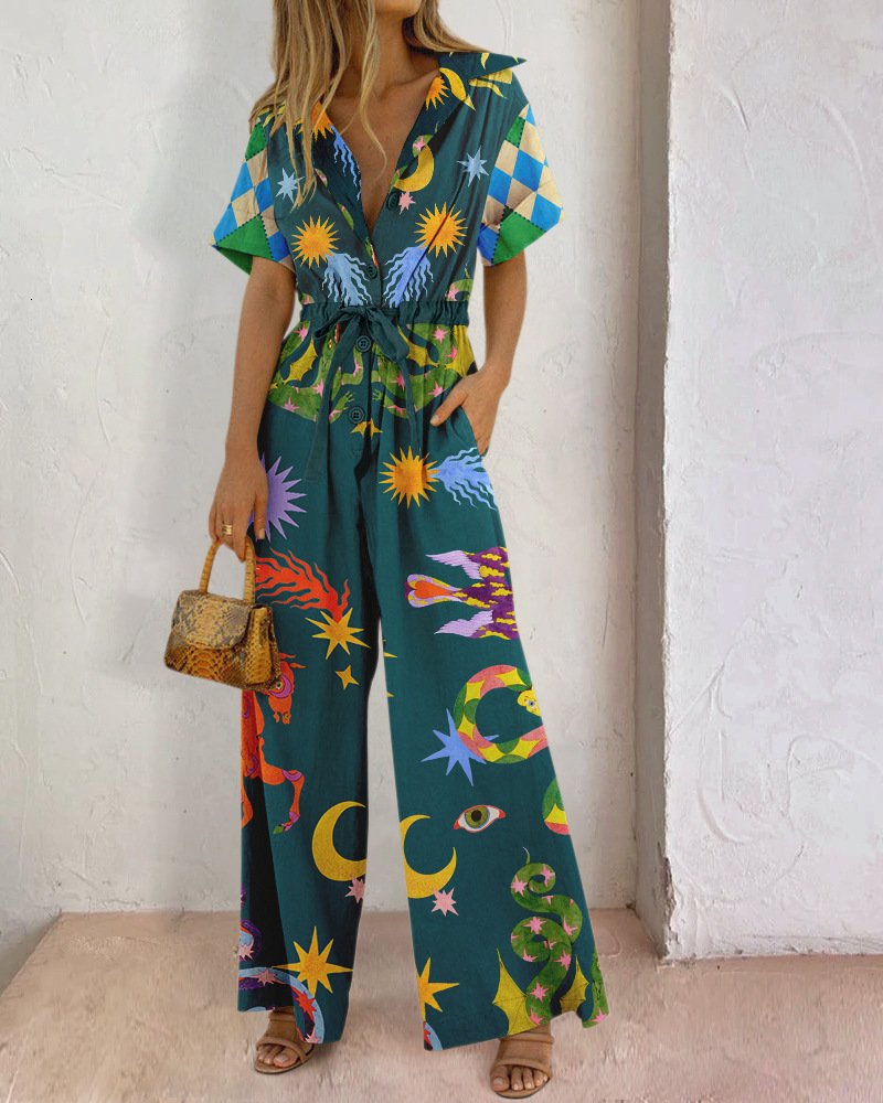 Street Style Womens Printed Cotton Pants Jumpsuit High Waist Casual 240416