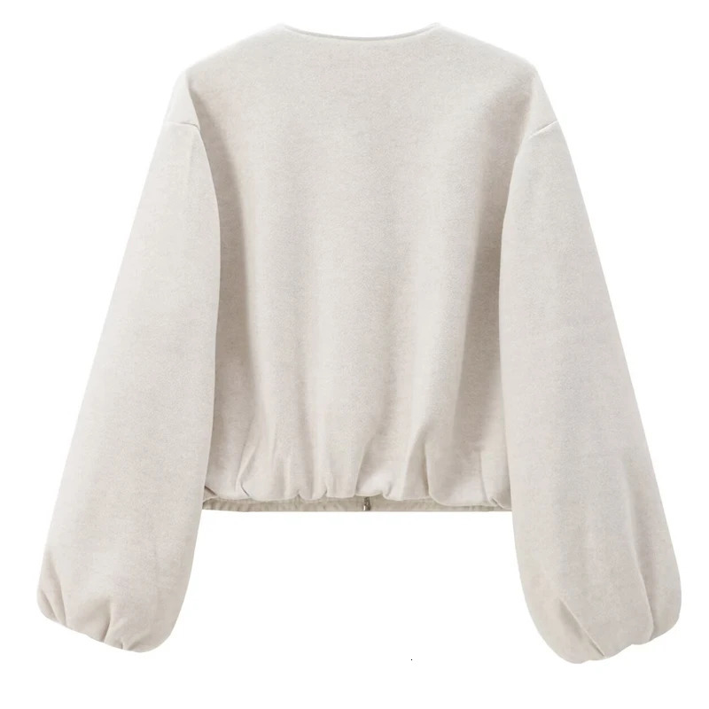 HXAO coarse woolen crop jacket womens womens bomber jacket soft gray beige jacket autumn long sleeved O-neck jacket casual jacket 241115