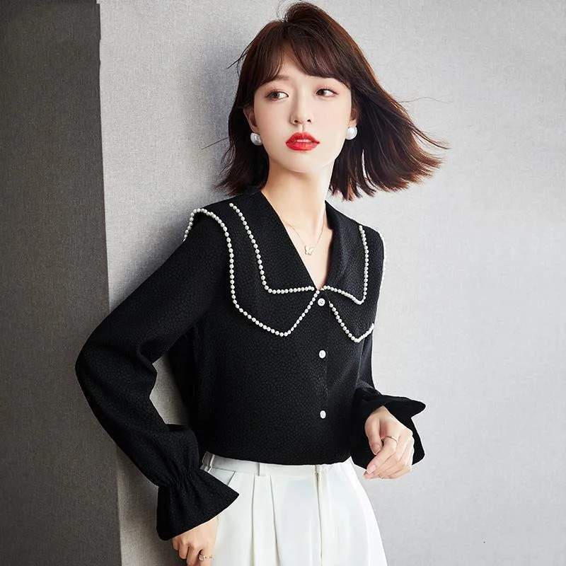 Doll Collar Black Shirt Womens Spring Long Sleeve Cover Abdominal Westernized Sweet Unique Temperature Top 241115