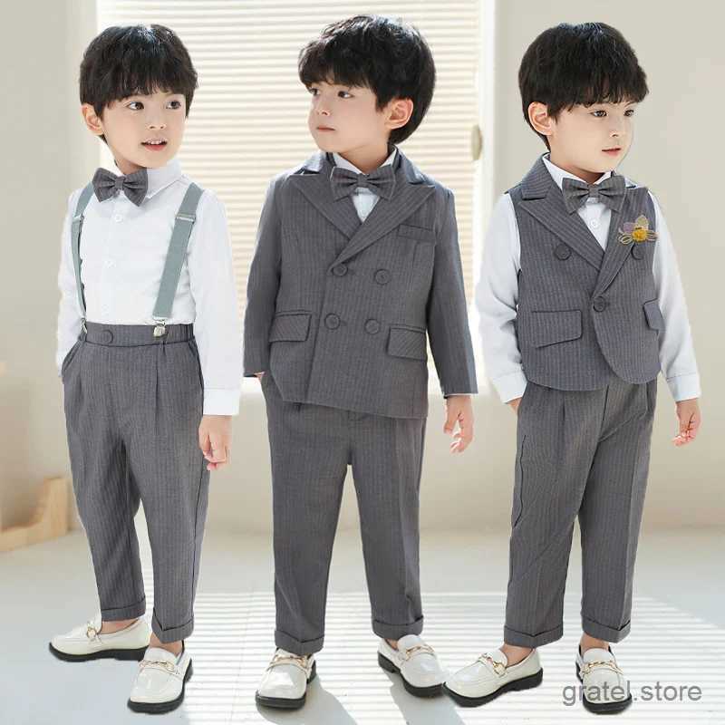 Suits Children Luxurious Gary Photography Suit School Boys Jacket Vest Pants Bowtie Birthday Ceremony Costume Kids Wedding Party Dress