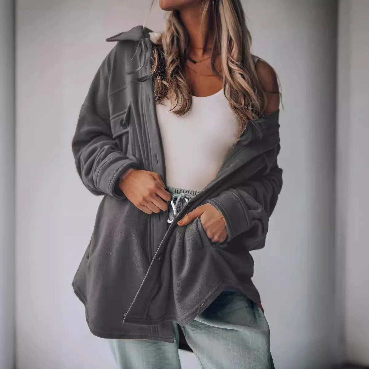 selling product Womens fashionable collar single chest long sleeved shirt jacket 241115