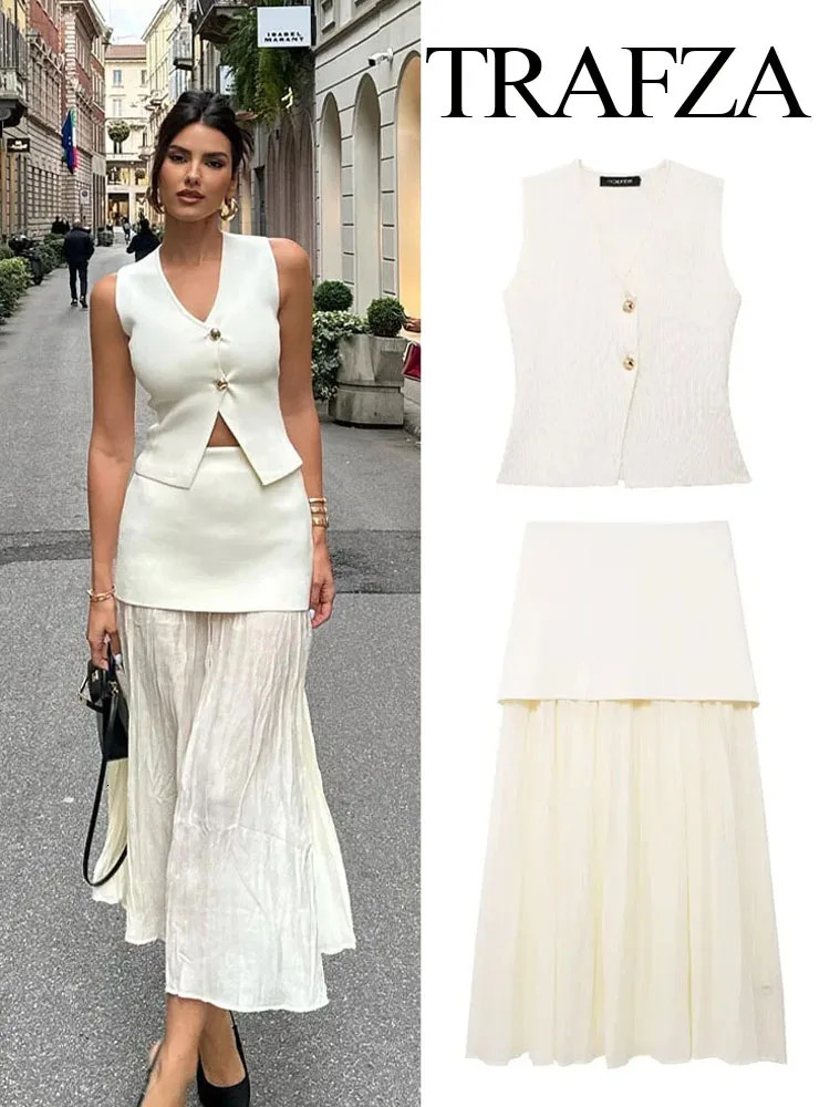 TRAFZA Women 2 Piece Set Chic VNeck Sleeveless Button Knitted Vest TopSplicing High Waist Side Zipper AnkleLength Skirt TRAF 241115