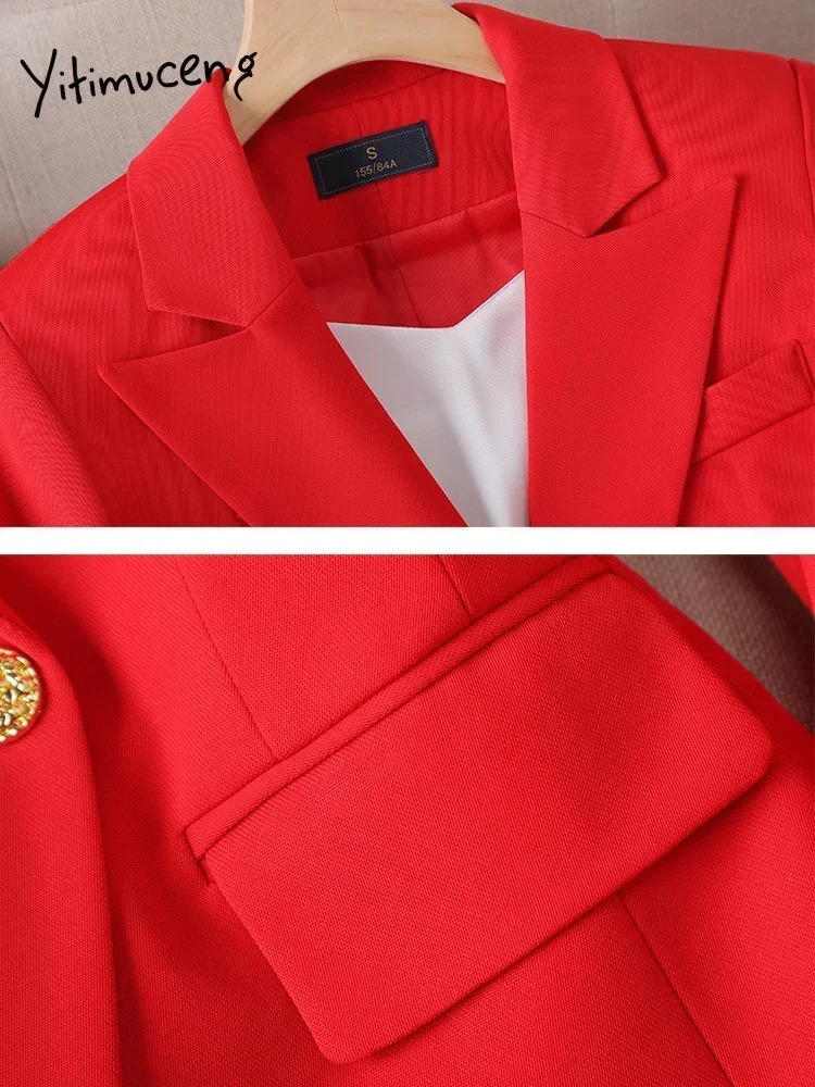 Yitimuceng Elegant Office Womens Two Piece Set Double Chest Long Sleeve Jacket Loose Casual Pants 241115