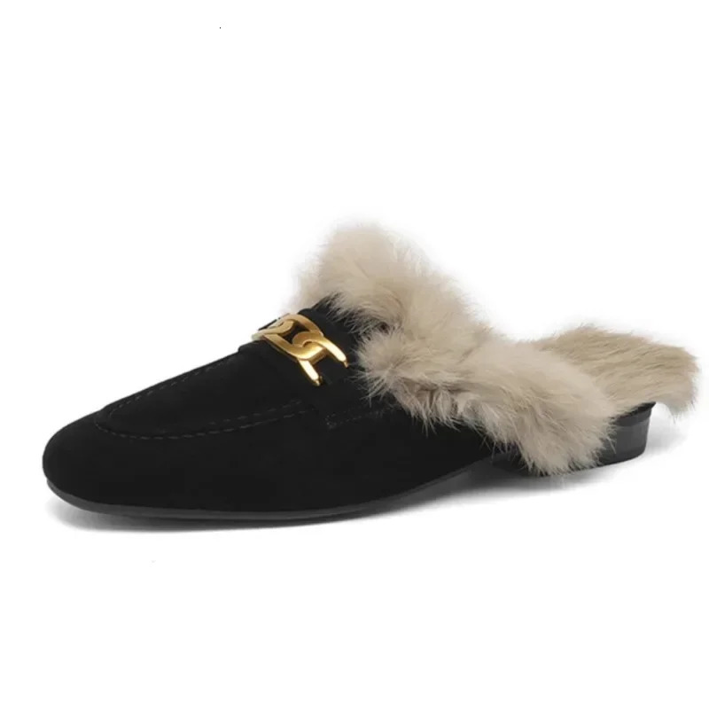 Winter Women Suede Warm Fur Slippers Mules Flats Shoes 2025 Short Plush Flip Flops Cotton Shoes Mujer 241115
