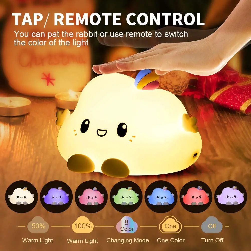 Creative Little Cloud LED Night Light Bedside Soft Silicone Remote Control Pat Warm Night Light Lamp For Baby Kids Gift 241115