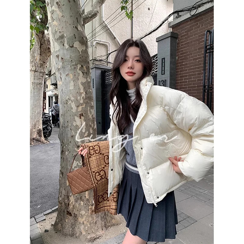 Short Parka Streetwear Cropped Down Coat Korean Sweet Puffer Jacket Winter Solid Casual All Match Cotton Padded Outwear 241115