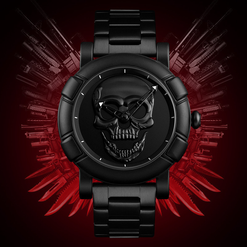 Fashion Men's Large Dial Personalized Skull Creative Steel Strap Quartz Waterproof Trend Dark Messenger Student Watch Thickness 11mm Dial Diamete