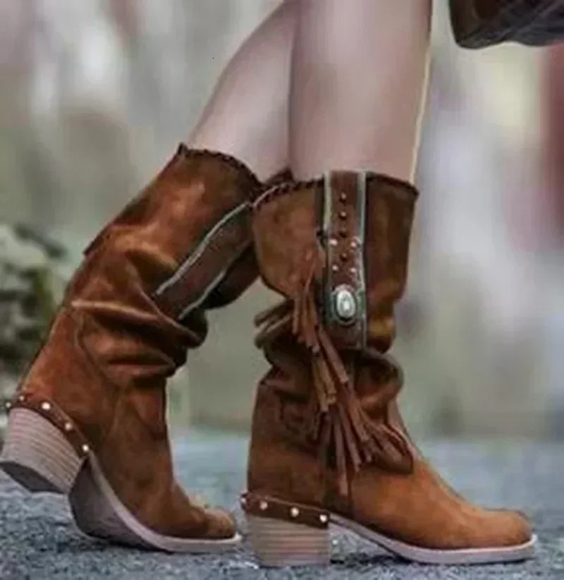 Bohemian Mid calf Boots womens 2024 winter ethnic rivet tassel boots womens artificial suede angular thick high heels womens boots 241115