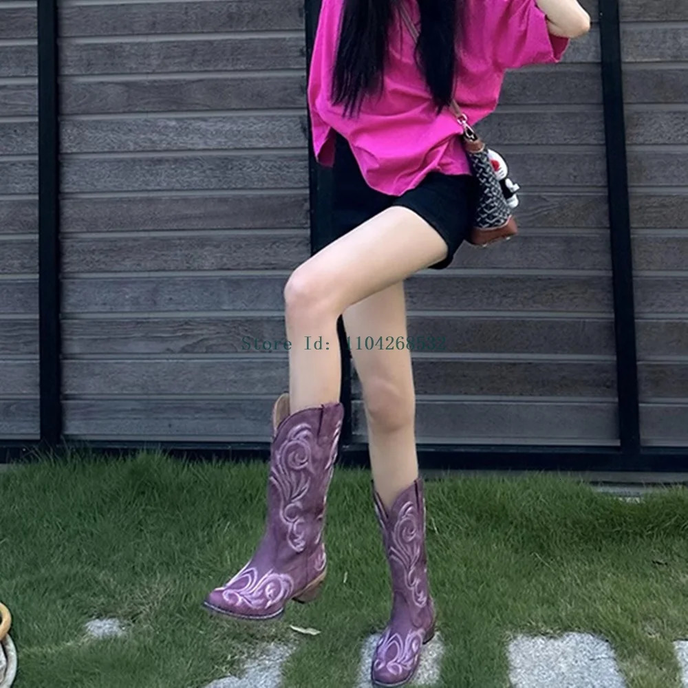 Suede Embroidery Mid calf Boots Square Toes Sexy Square High Heels Slippering in ly Arrived Fashion Cowboy Boots Winter/Spring/Autumn 241115