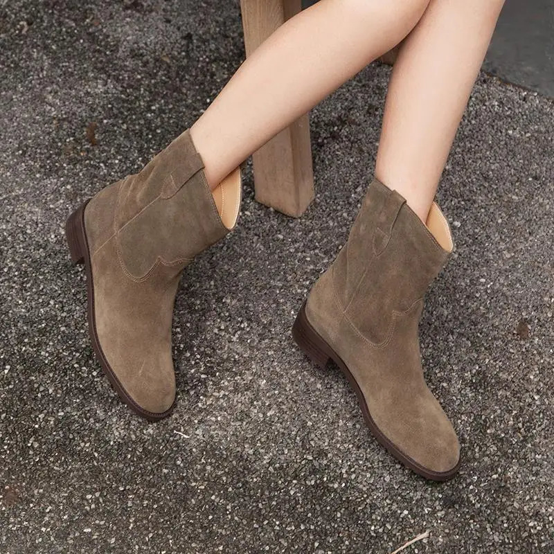 MORAZORA 2025 Genuine Leather Boots for Women Square Middle Heel Retro Denim Suede Western Style Boots Pulled onto Denim Boots Womens Shoes 241115