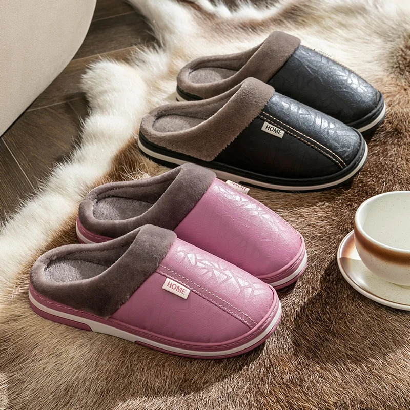 Mens slippers Winter Big Size Indoor Waterproof PU Leather Large Sizes Home Cotton shoes Fur Flat Cotton Bedroom Houseshoes 241115