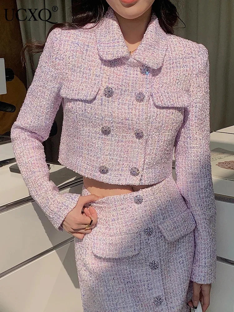 UCXQ Elegant Fashion Jacket European Style Collar Double Chest Casual Full Match Womens Coarse Floral Coat Spring/Summer 1381 241115