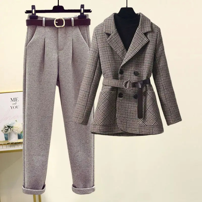 Korean style belt decoration retro jacket casual pants twopiece elegant womens office set 241115