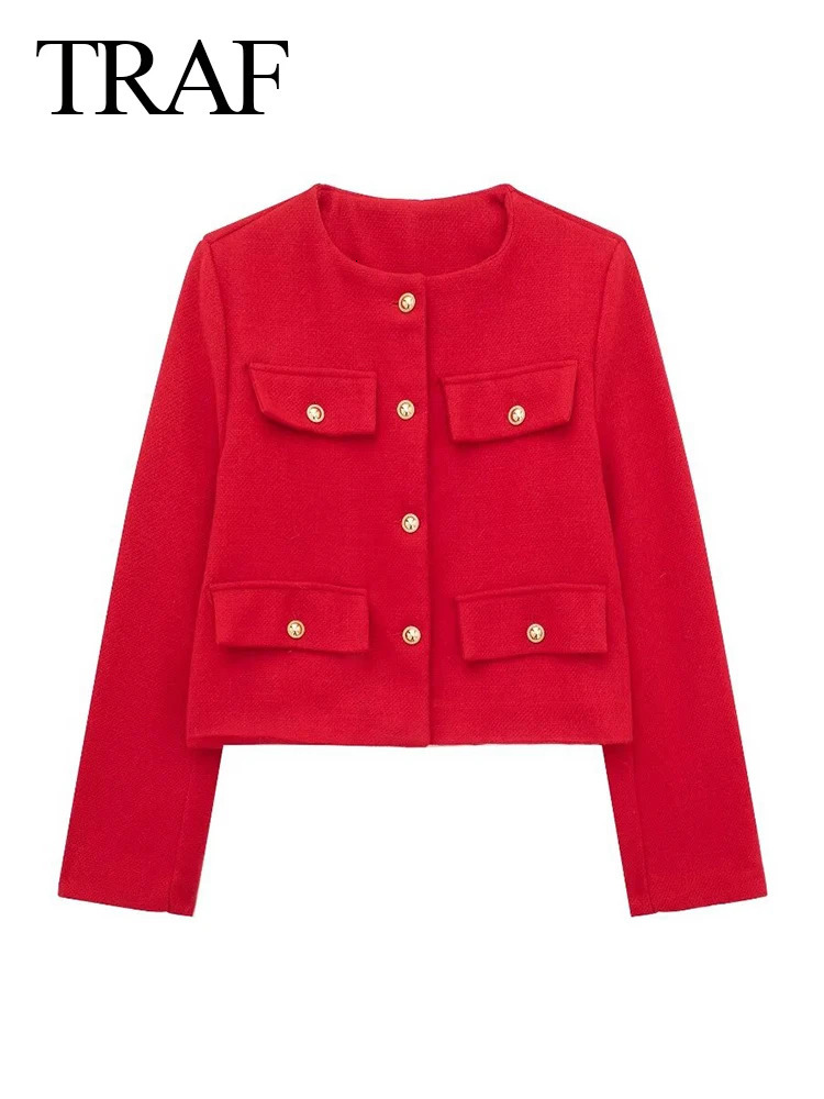 TRAF 2024 Fashion Women Bomber Cropped Jackets Female Golden Button Blazer Spring Womens Chic Streetwear Outwear Top 241108