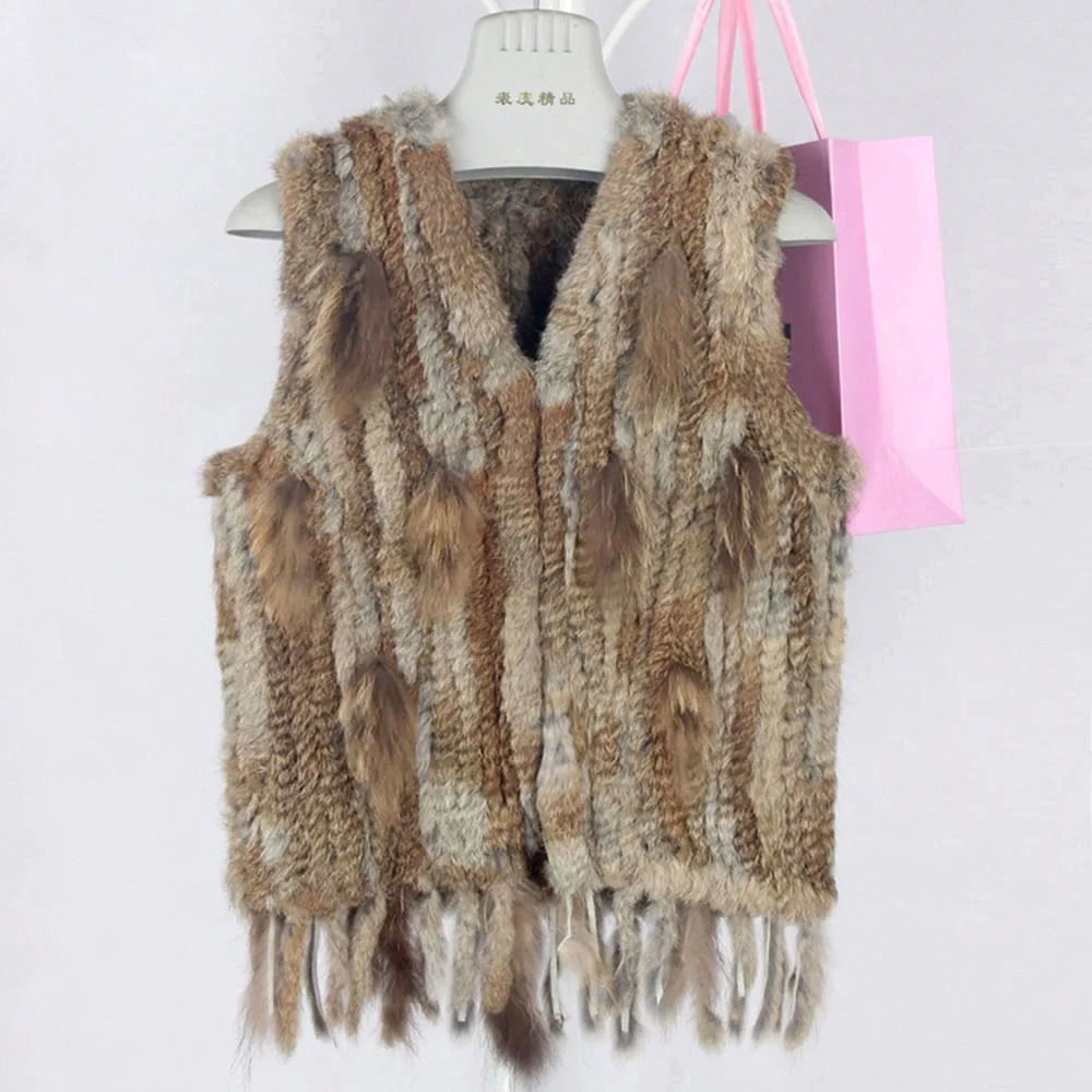 Wholesale Women Genuine Rabbit Fur Vest Fashion Tassels Knitted Waistcoat Winter Lady Warm Natural Sleeveless Coat 241108