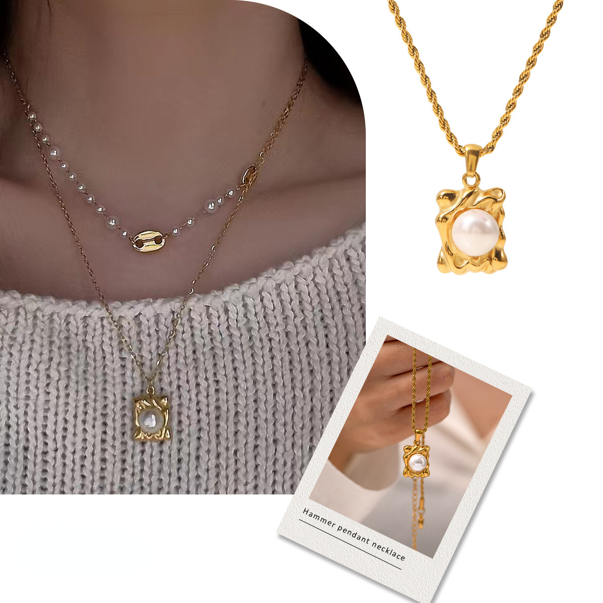 Classic Fashion Imitation Pearl Pendant Necklace for Womne 18k Gold Plated Titanium Steel Colorless Fried Dough Twists Chain Hammer Pendant Jewelry Wh