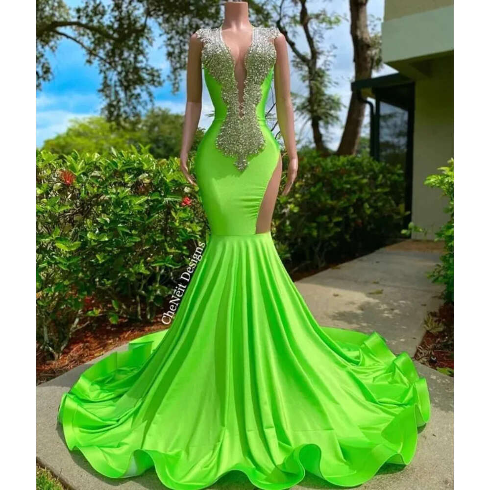 Prom Dree Green Orange Mermaid African Deep V Neck Crytal Ead Lack Girl Long Graduation Dre Plu Size Formal Evening Gown Open Ack Sleevele