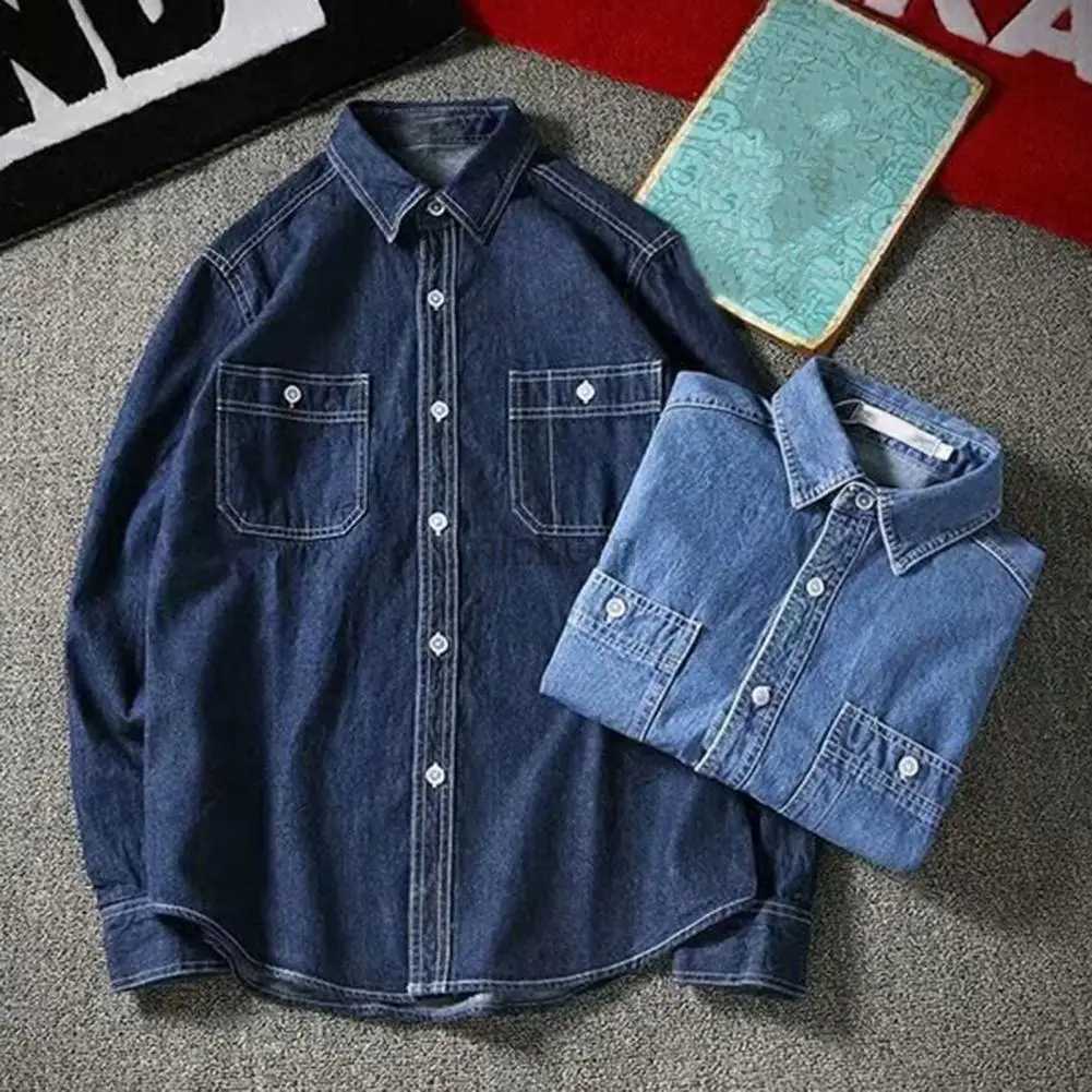 Men's Casual Shirts Trendy Male Shirt Jacket Skin-touch Solid Color Handsome Turndown Collar Buttons Men Denim Streetwear 240417