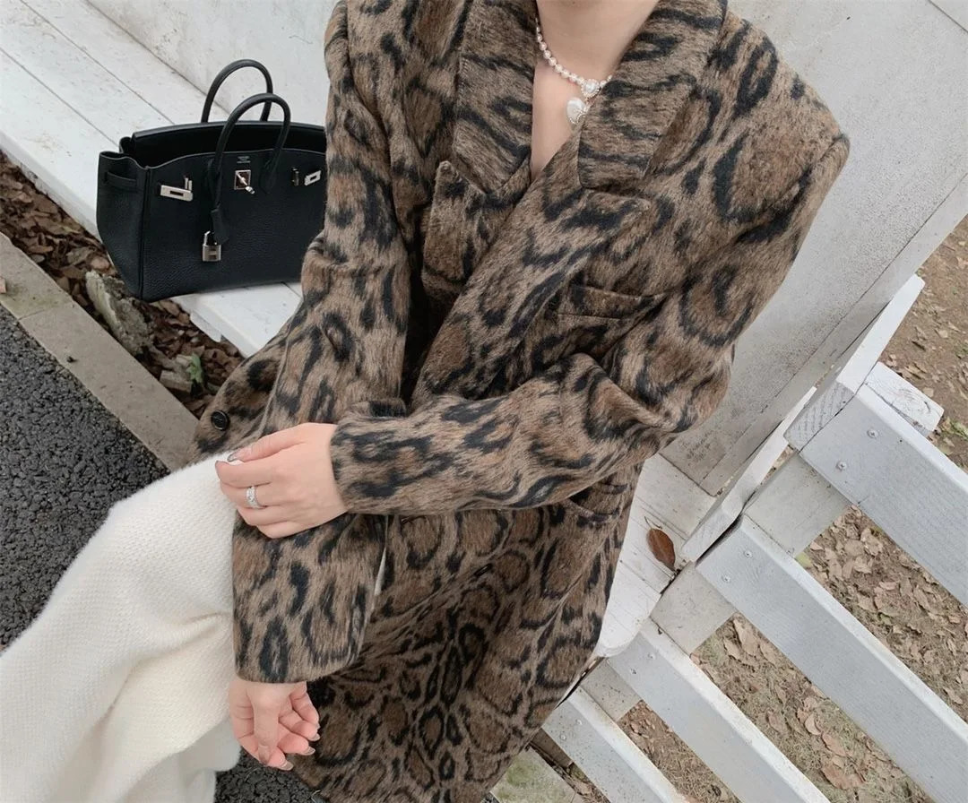 Double layer leopard print womens wool coat winter loose silhouette mid length wool coat trend 241115