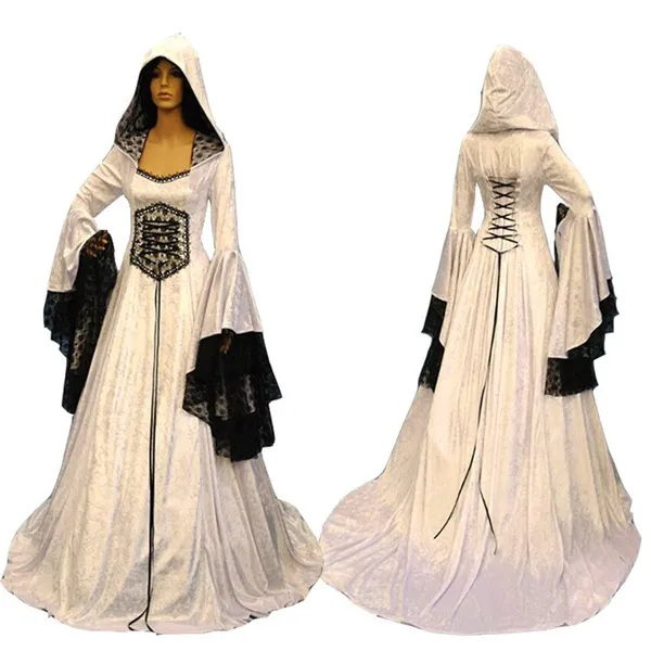 Vintage Medieval Velvet Prom Dresses With Hat Corset Victorian Costume Women Masquerade Special Occasion Dress Long Sleeves Ivory And Black Gothic Eve
