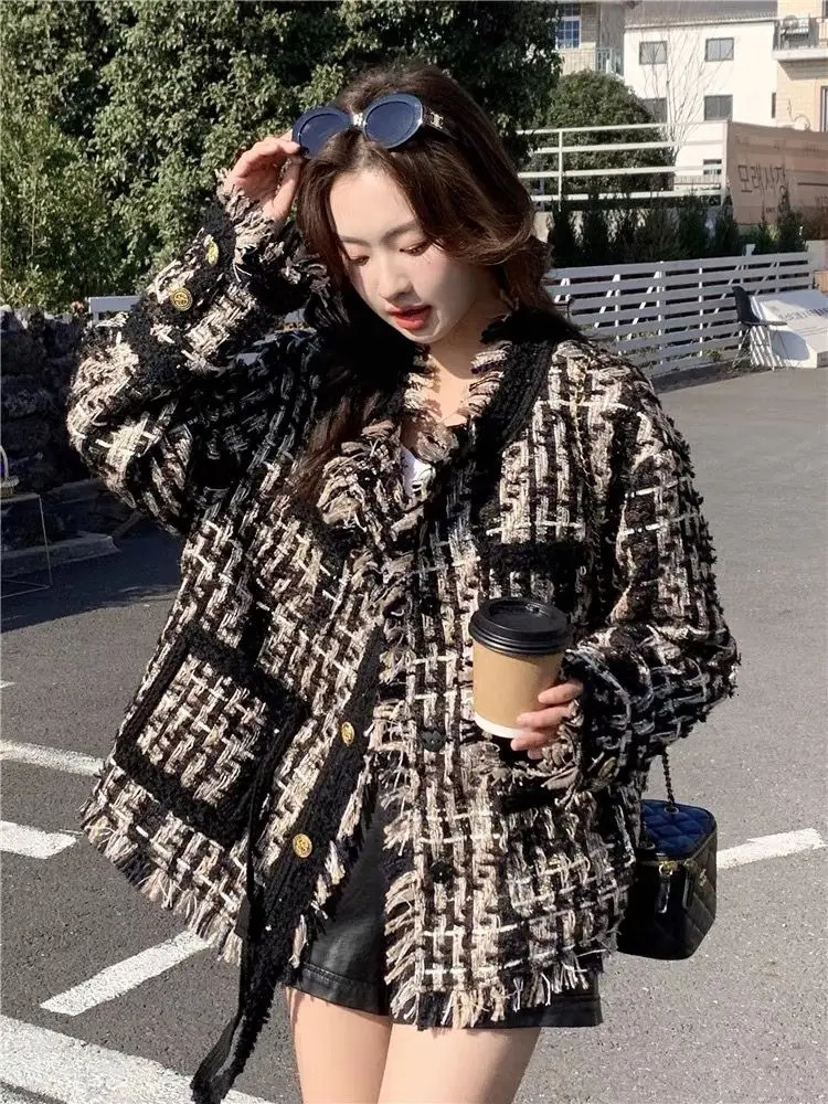 Spring n jacket for women elegant temperature coarse tweed jacket fashionable loose button jacket commuting 241115