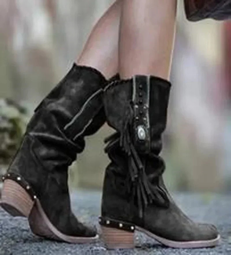 Bohemian Mid calf Boots womens 2024 winter ethnic rivet tassel boots womens artificial suede angular thick high heels womens boots 241115