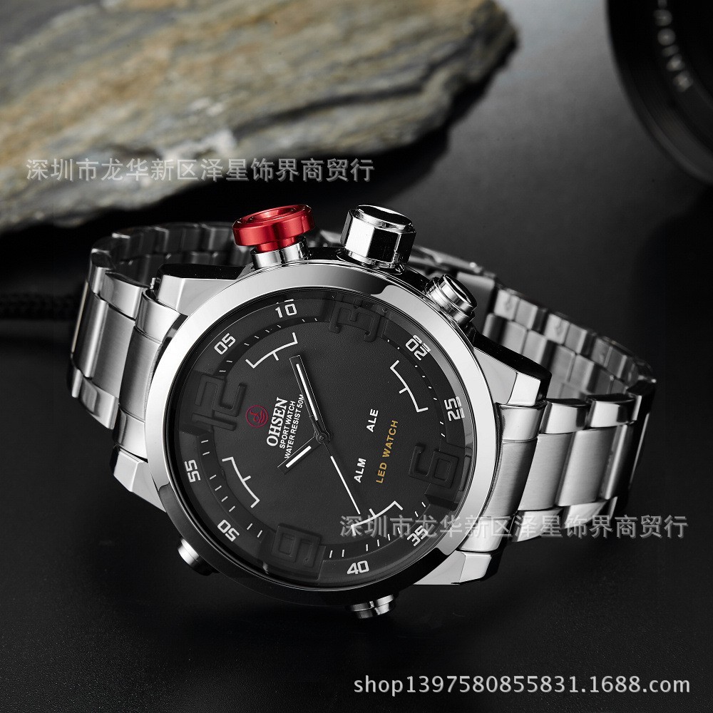 Trendy Men's Fashion Luminous LED Dual Movement Double Display Three Hands Quartz Men's Watch Thickness 15mm Dial Diameter 46mm Quality Fine