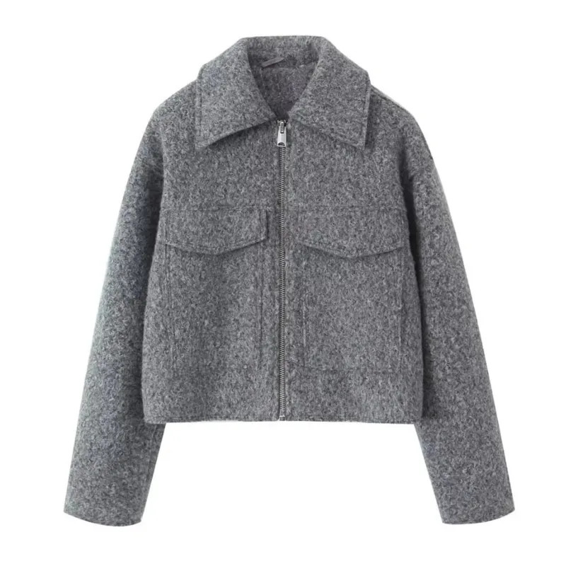Autumn and winter womens retro coarse woolen jacket suitable for jacket jacket fashionable loose long sleeved zipper womens jacket fashionable crop ja