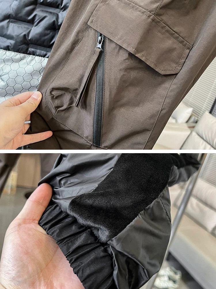 Winter Mens Running Inflatable Pants 90% White Duck Underpad Multi Pocket Thick Warm Cargo Windproof 241115