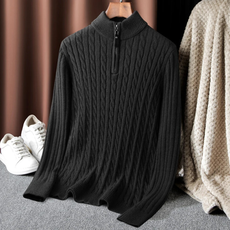 Mens Solid Color Turtle Neck Top Autumn/Winter Zipper Pulling Sweater Elastic Sweater 241112