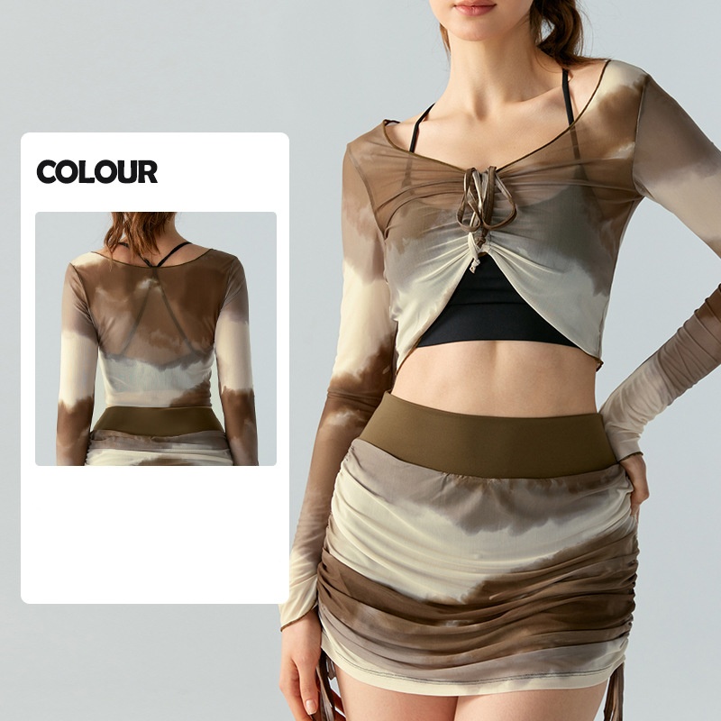 2025--Women Yoga Long Sleeve Shirts+Short Skirts Set Yoga Outfit Fitness Suit Top Printed Gauze Sports Shirts Sports Shaping Waist Tight Fitness Sport
