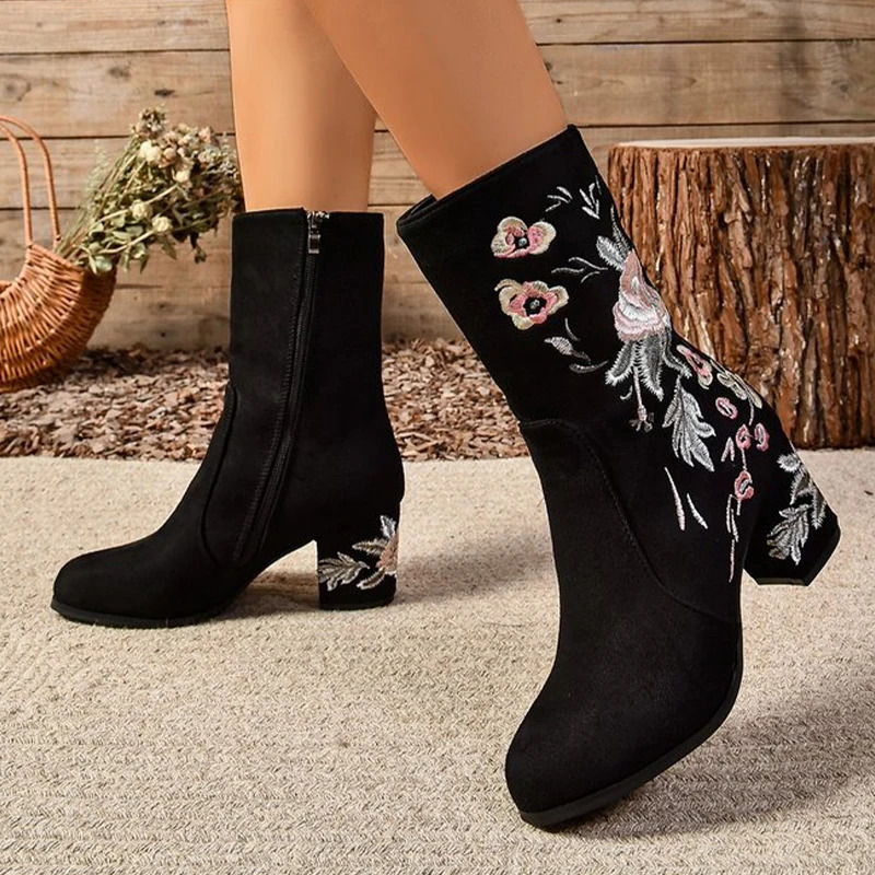 High heels suede womens ankle boots short and stylish elegant shoes womens trends winter embroidered dresses Gothic Bottas Mujer 241115