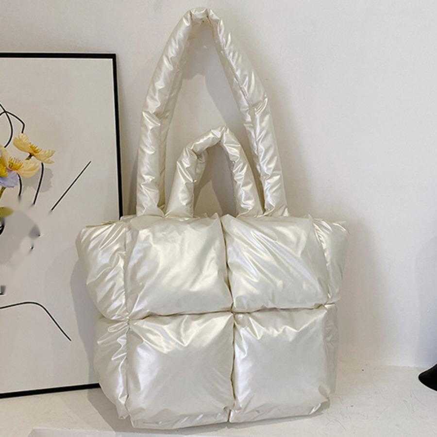 Down Bag WoMens Fashion Shoulder Bag Large Capacity Tote Bag High-end Feel Shiny Surface Handbag Simple Grid Cotton Jacket Bag 241104