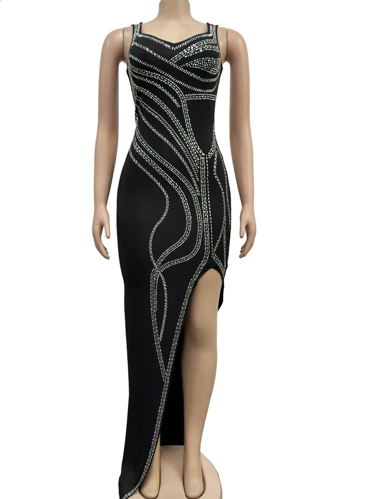 Beyprern Womens s Leg Slit Maxi Dress Glam Sleeveless Diamonds Slim Party Club Birthday Outfits Vestidos 241116