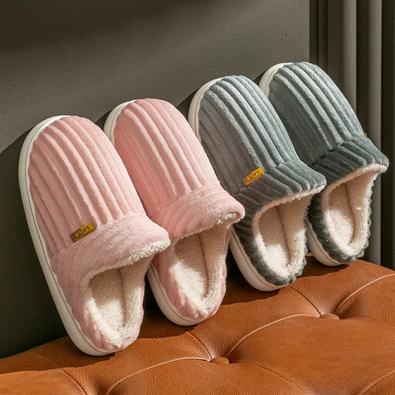 Winter Couple Style Concise Stripes Plush Slippers Ladies Nonslip Soft Warm Flip Flops Women Men Home Flat Casual Cotton Shoes 241115