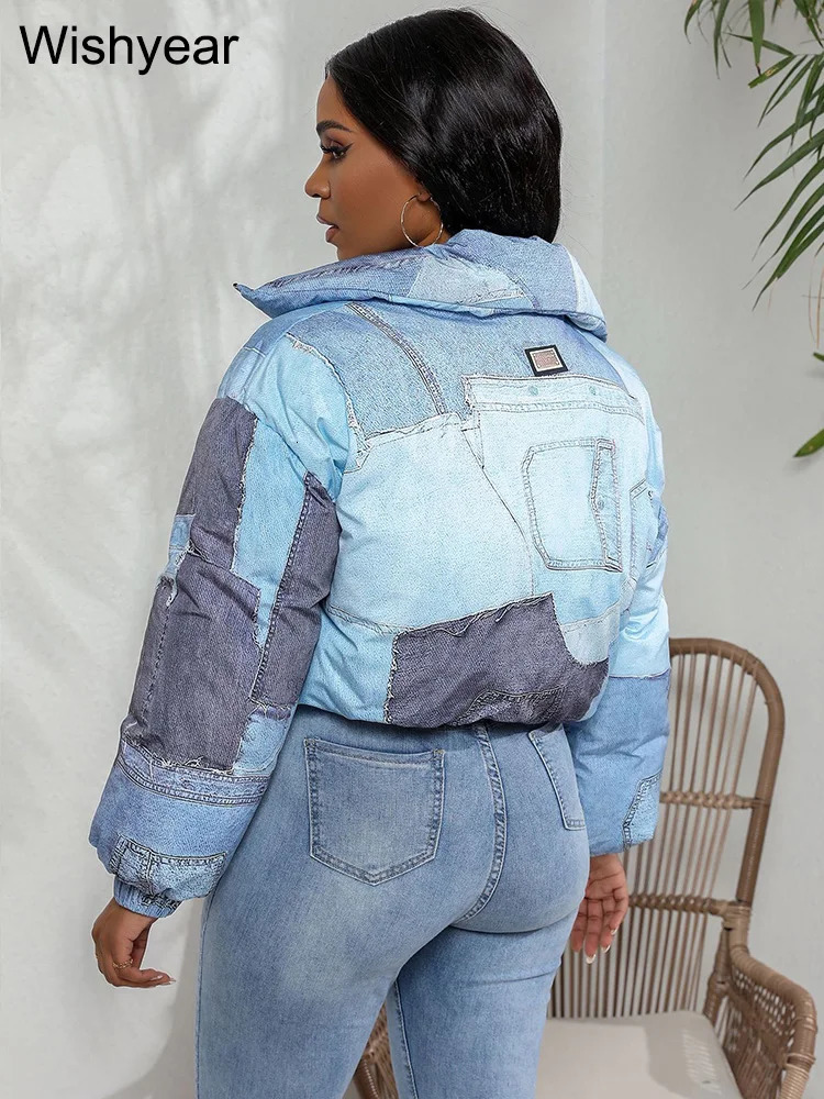 Fashion Winter Warm Stand Collar Long Sleeve Zipper Short Cotton Padded Jacket Club Tops Streetwear Printed Parkas Coats 241108