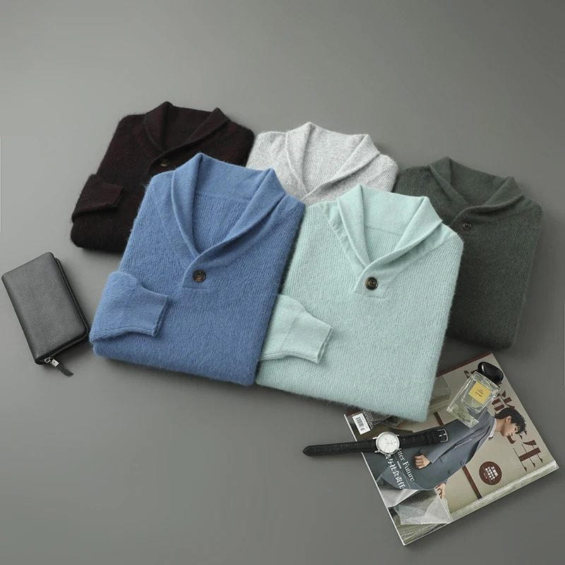 Selling 100% mink cashmere sweater mens long sleeved winter olive collar business casual bottom 241115