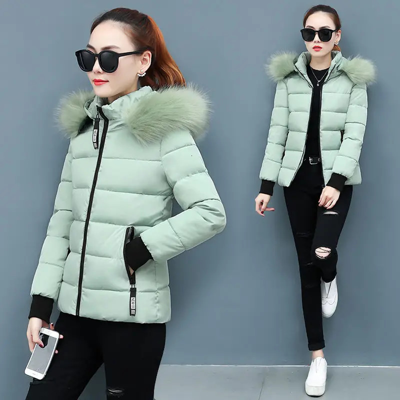 Winter Parka Jacket Fur Collar Hooded Basic Coat Female Warm Zipper Short Cotton Padded Outerwear 241108