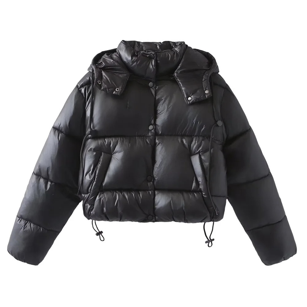 TRAF 2024 Autumn Product Womens Casual Stand up Collar Hooded Long Sleeve Loose Breadwear Short Cotton Jacket Coat 241115
