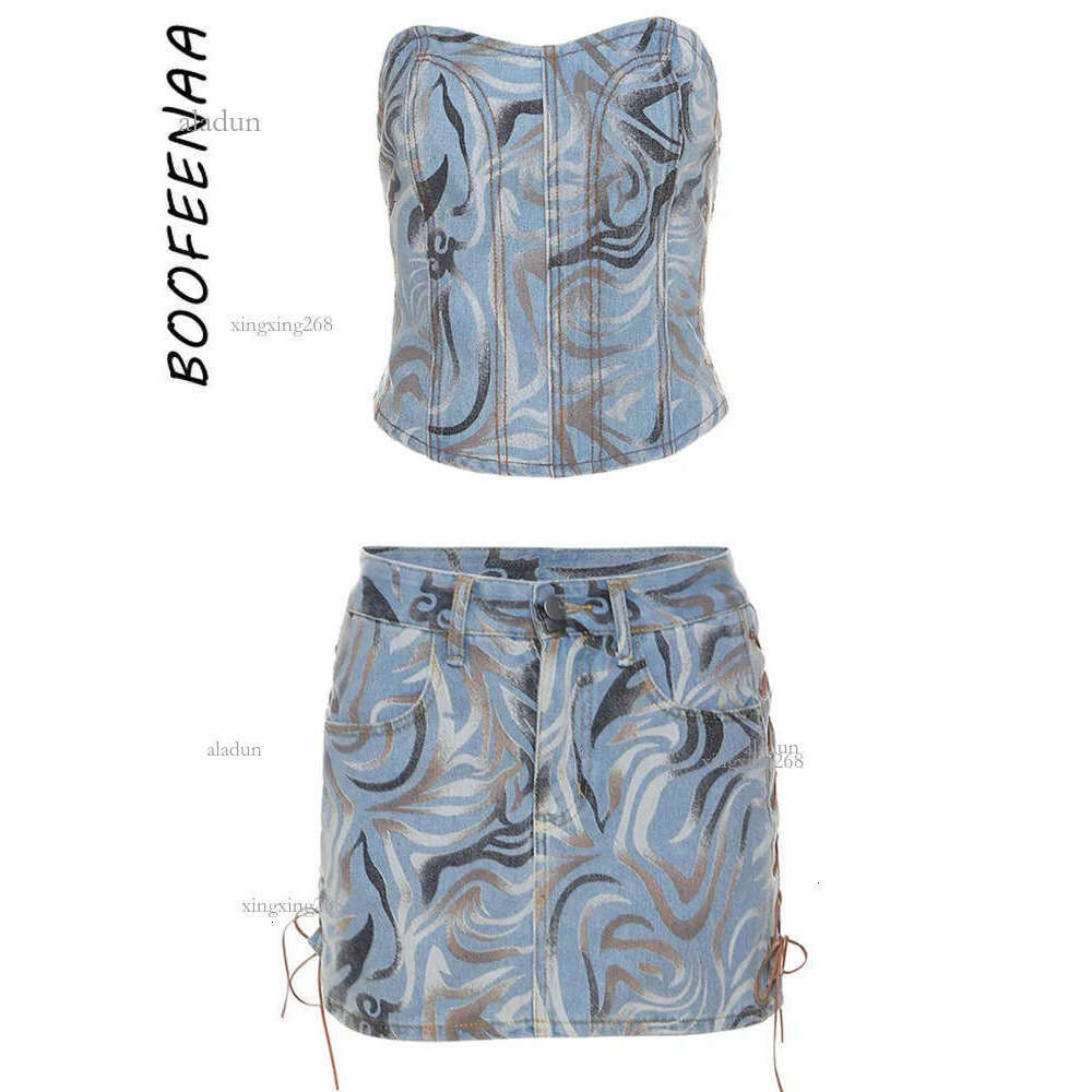 Two Piece Dress BOOFEENAA Y2k Streetwear Sexy Denim Set Tube Top and Low Waist Mini Skirt Women Summer Club Outfits C71FH49 230209