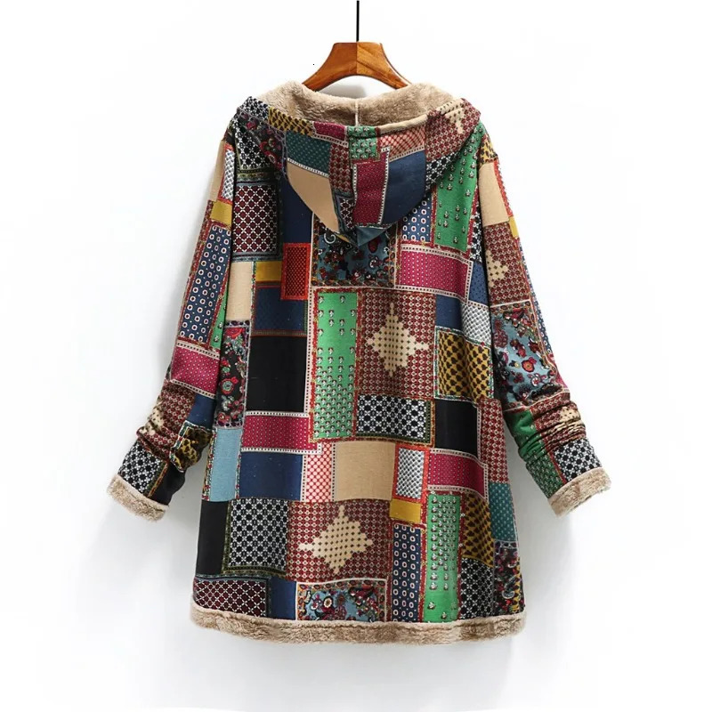 2023 Winter Vintage Women Coat Warm Printing Thick Fleece Hooded Long Jacket with Pocket Outwear Loose Jackets 241108