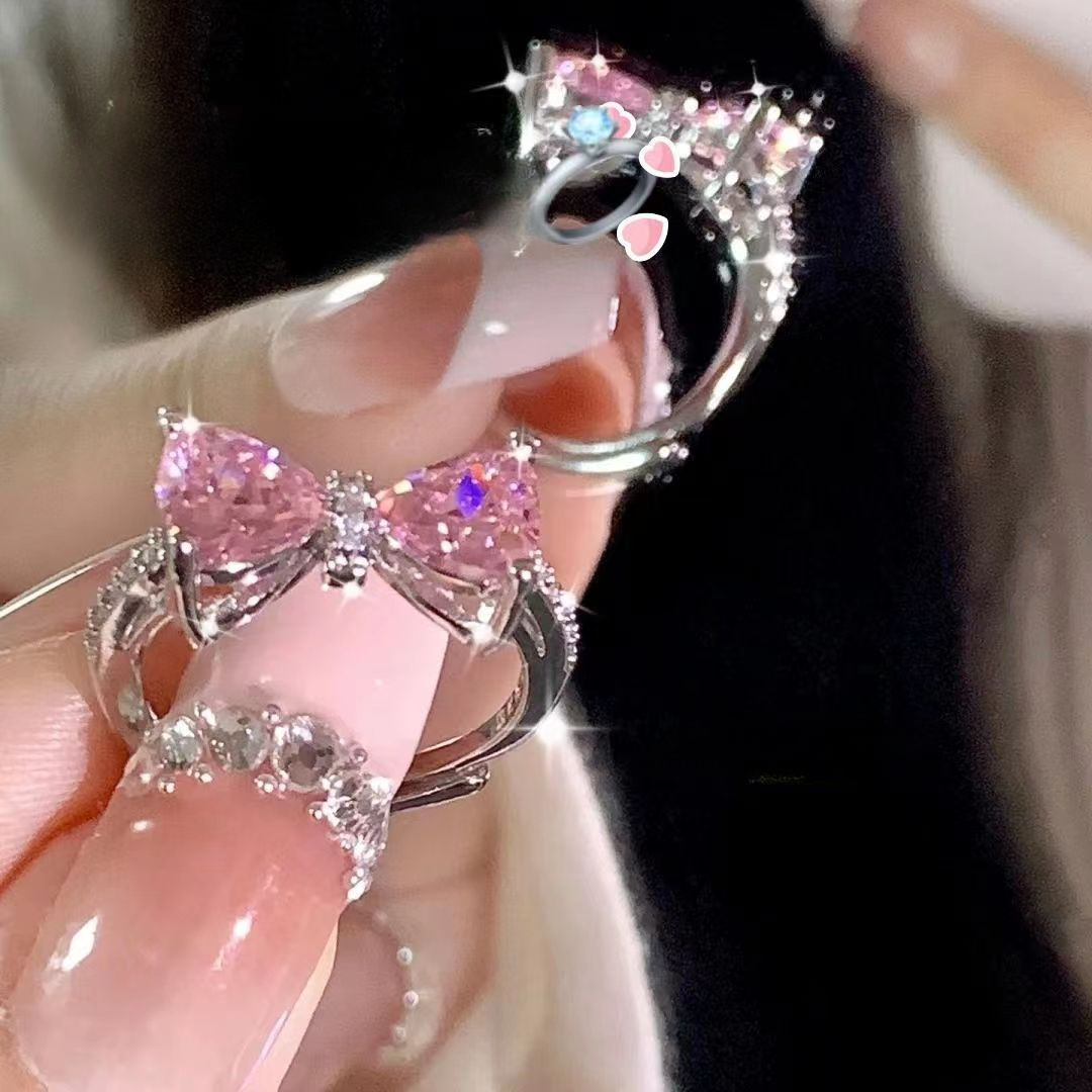 Free shipping 2024 Spring Summer Cute Pink Bow Butterfly Rings for Women Girls Sweet Bowknot Charm Crystal CZ Zircon Dia Designer Chinese Nail Finger 