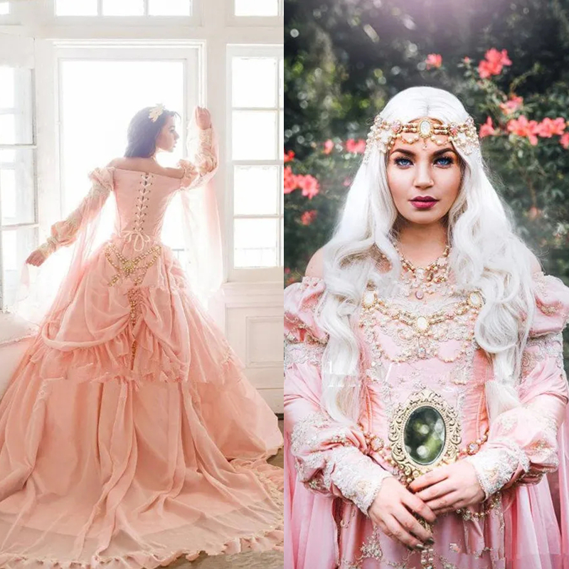 Medieval Princess Prom Dresses Off The Shoulder Long Sleeves Peach Pink Corset Masquerade Dress Fantasy Sleeping Beauty Gown Vintage Special Occasion 