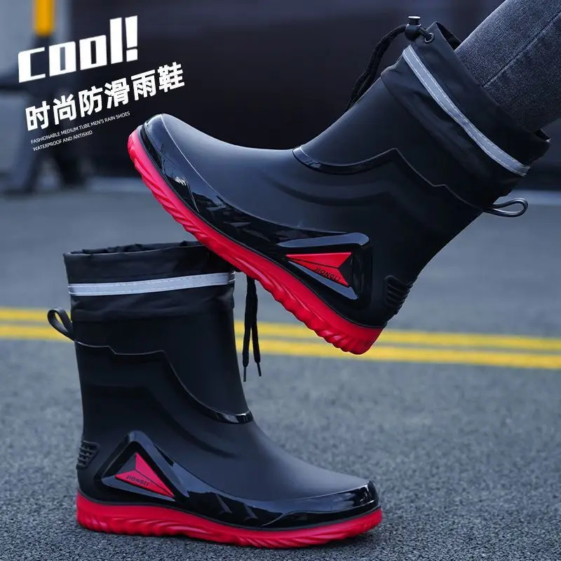 Rain Boots Mens Waterproof Drawstring Rain Shoes Velvet Padded Suit Warm NonSlip Flat Fashion Takeout Rider Rain Boots 241115