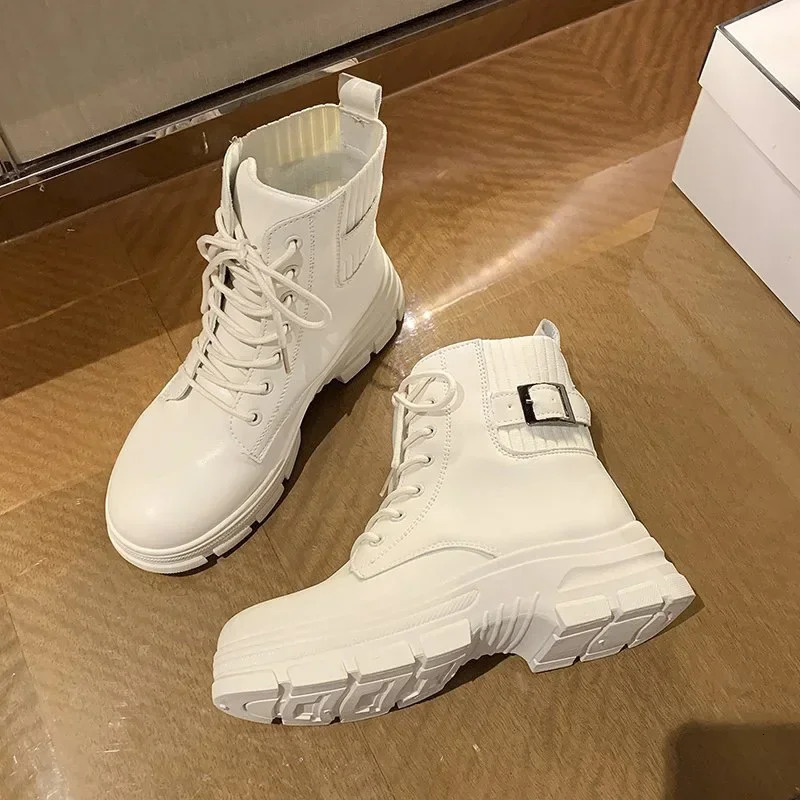 Women White Ankle Boot PU Leather Thick Sole Lace Up Combat Booties Female Autumn Winter Platform Shoes Rubber Cow Boots 241115
