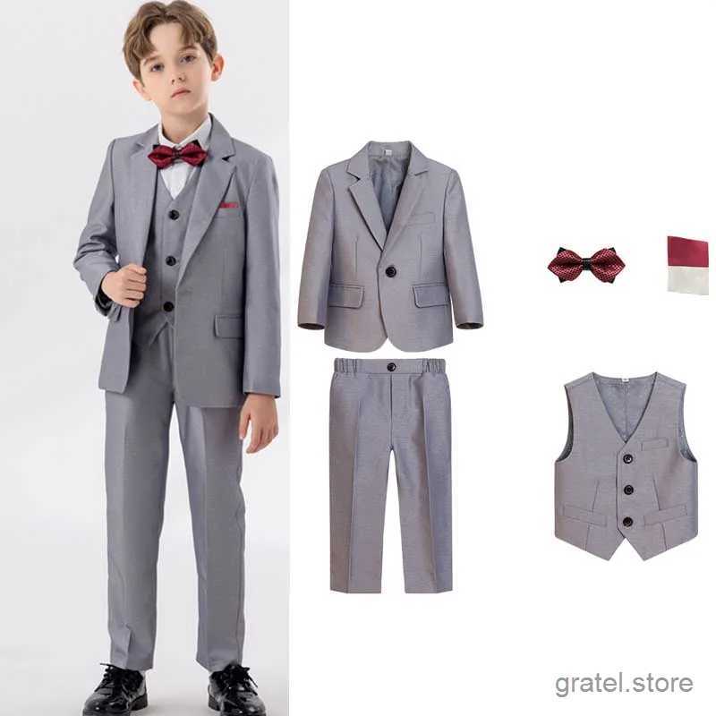 Suits Flower Boys Gary Blue Jacket Vest Pants Bowtie 4PCS Piano Party Dress Kids Ceremony Photograph Suit Children Performance Costume