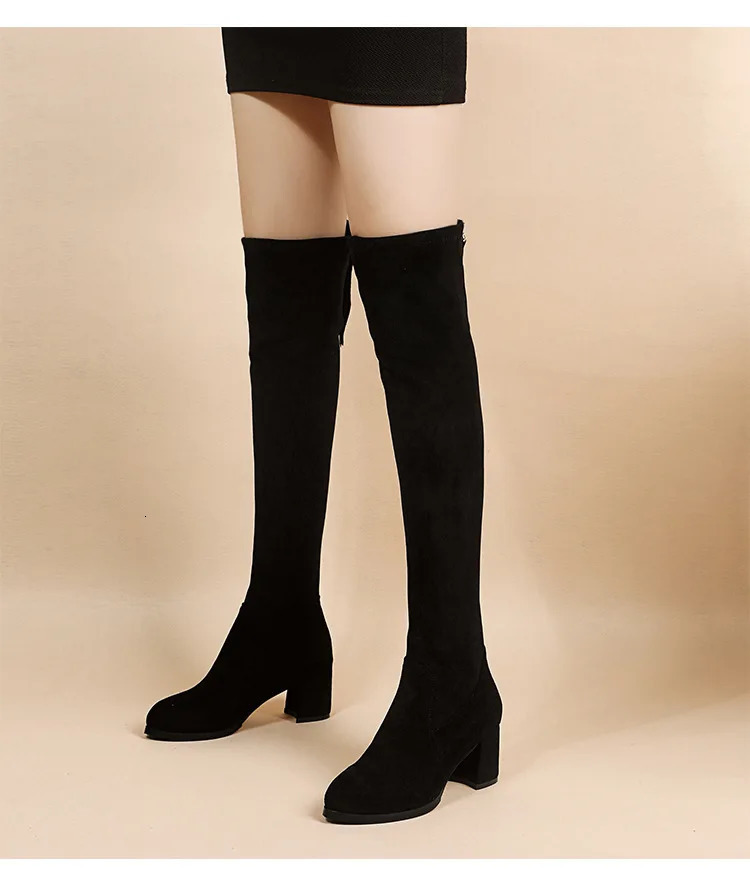 artificial suede womens high heels autumn zipper elastic knee high boots womens lace high heels black Botas drone 241213