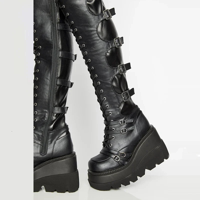 Punk Over-the-knee Boots Women Platform Heels Belt Buckle Boot Motorcycle Goth Shoe Thigh High Flat Boots Plus Size 42 43 241115